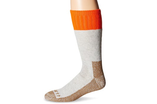 Calf-length sock with orange top.